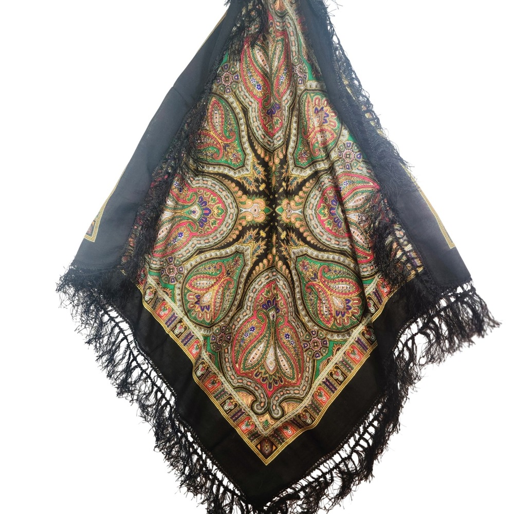80s Vintage Scarves & Allied Arts Paisley Fringe Square Scarf Black Multi Japan